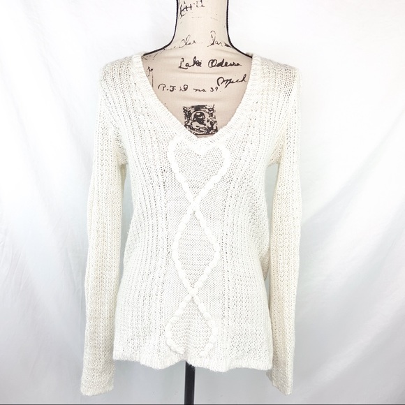 Callahan Sweaters - Callahan Nubby Cable Knit Sweater Creme XS V-neck